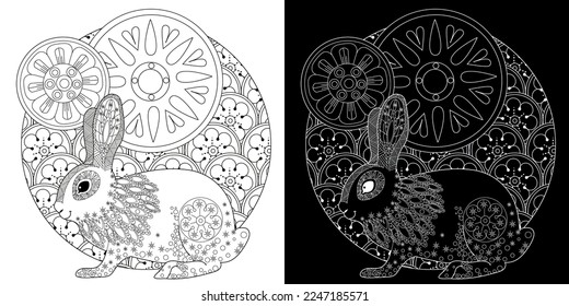 Art therapy coloring page. Coloring Book for adults and children. Colouring pictures with rabbit. Antistress freehand sketch drawing with doodle and zentangle element
