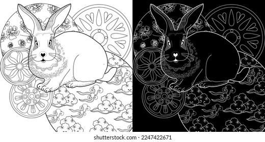 Art therapy coloring page. Coloring Book for adults and children. Colouring pictures with rabbit. Antistress freehand sketch drawing with doodle and zentangle element
