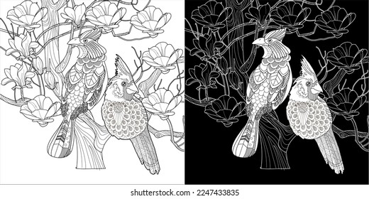 Art therapy coloring page. Coloring book antistress for children and adults. Birds and flowers hand drawn in vintage style . Ideal for those who want to feel more connected to nature.
