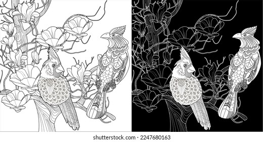 Art therapy coloring page. Coloring book antistress for children and adults. Birds and flowers hand drawn in vintage style . Ideal for those who want to feel more connected to nature.

