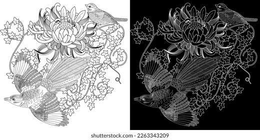 Art therapy coloring page. Coloring book antistress for children and adults. Birds and flowers hand drawn in vintage style . Ideal for those who want to feel more connected to nature.