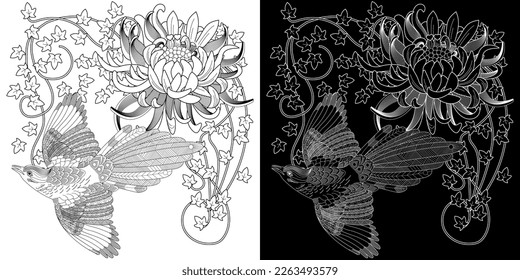 Art therapy coloring page. Coloring book antistress for children and adults. Birds and flowers hand drawn in vintage style . Ideal for those who want to feel more connected to nature.