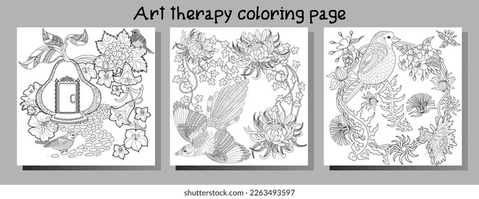 Art therapy coloring page. Coloring book antistress for children and adults. Birds and flowers hand drawn in vintage style . Ideal for those who want to feel more connected to nature.