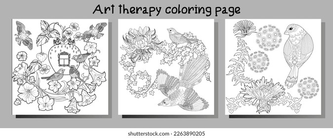 Art therapy coloring page. Coloring book antistress for children and adults. Birds and flowers hand drawn in vintage style . Ideal for those who want to feel more connected to nature.