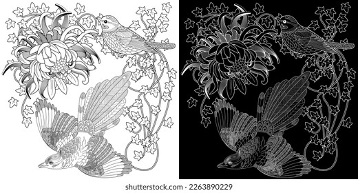 Art therapy coloring page. Coloring book antistress for children and adults. Birds and flowers hand drawn in vintage style . Ideal for those who want to feel more connected to nature.