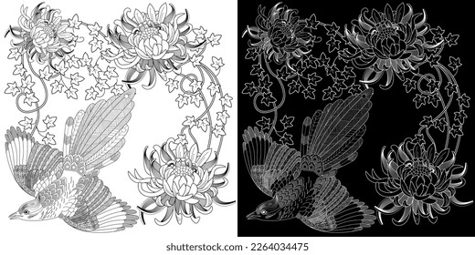 Art therapy coloring page. Coloring book antistress for children and adults. Birds and flowers hand drawn in vintage style . Ideal for those who want to feel more connected to nature.