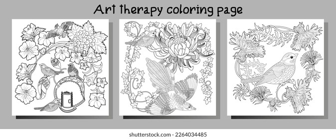 Art therapy coloring page. Coloring book antistress for children and adults. Birds and flowers hand drawn in vintage style . Ideal for those who want to feel more connected to nature.