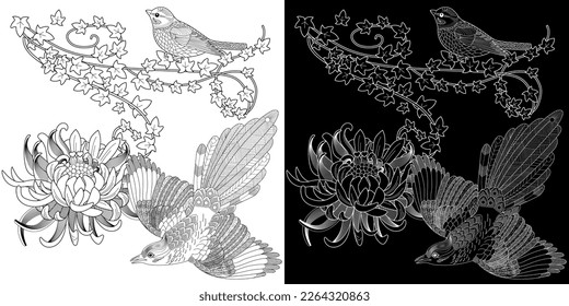 Art therapy coloring page. Coloring book antistress for children and adults. Birds and flowers hand drawn in vintage style . Ideal for those who want to feel more connected to nature.