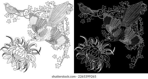 Art therapy coloring page. Coloring book antistress for children and adults. Birds and flowers hand drawn in vintage style . Ideal for those who want to feel more connected to nature.
