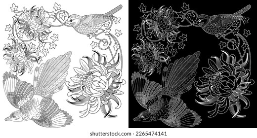 Art therapy coloring page. Coloring book antistress for children and adults. Birds and flowers hand drawn in vintage style . Ideal for those who want to feel more connected to nature.
