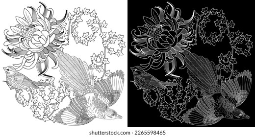 Art therapy coloring page. Coloring book antistress for children and adults. Birds and flowers hand drawn in vintage style . Ideal for those who want to feel more connected to nature.
