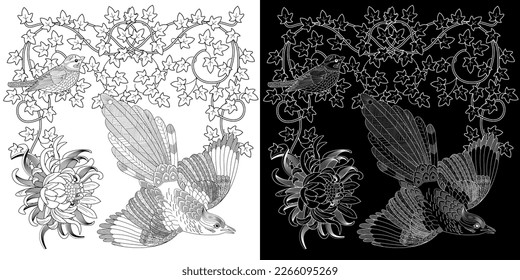 Art therapy coloring page. Coloring book antistress for children and adults. Birds and flowers hand drawn in vintage style . Ideal for those who want to feel more connected to nature.
