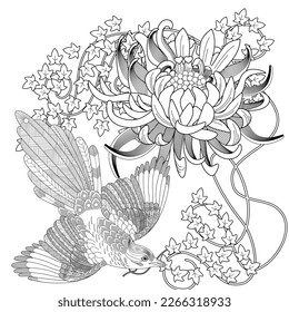 Art therapy coloring page. Coloring book antistress for children and adults. Birds and flowers hand drawn in vintage style . Ideal for those who want to feel more connected to nature.
