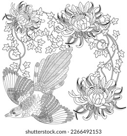 Art therapy coloring page. Coloring book antistress for children and adults. Birds and flowers hand drawn in vintage style . Ideal for those who want to feel more connected to nature.
