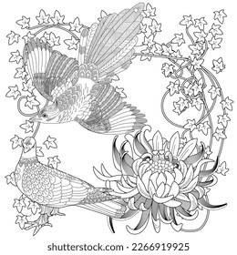 Art therapy coloring page. Coloring book antistress for children and adults. Birds and flowers hand drawn in vintage style . Ideal for those who want to feel more connected to nature.
