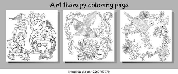 Art therapy coloring page. Coloring book antistress for children and adults. Birds and flowers hand drawn in vintage style . Ideal for those who want to feel more connected to nature