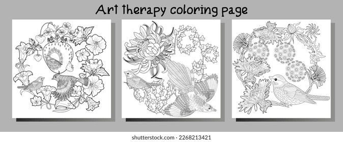 Art therapy coloring page. Coloring book antistress for children and adults. Birds and flowers hand drawn in vintage style . Ideal for those who want to feel more connected to nature