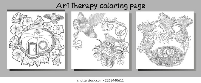 Art therapy coloring page. Coloring book antistress for children and adults. Birds and flowers hand drawn in vintage style . Ideal for those who want to feel more connected to nature