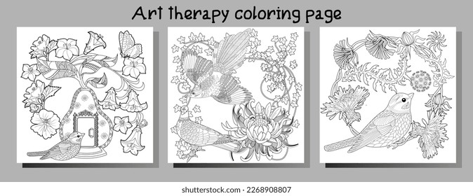 Art therapy coloring page. Coloring book antistress for children and adults. Birds and flowers hand drawn in vintage style . Ideal for those who want to feel more connected to nature