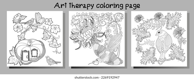 Art therapy coloring page. Coloring book antistress for children and adults. Birds and flowers hand drawn in vintage style . Ideal for those who want to feel more connected to nature.