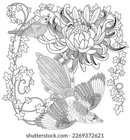Art therapy coloring page. Coloring book antistress for children and adults. Birds and flowers hand drawn in vintage style . Ideal for those who want to feel more connected to nature.
