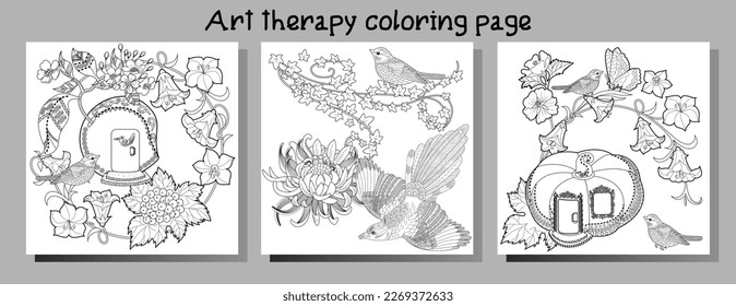 Art therapy coloring page. Coloring book antistress for children and adults. Birds and flowers hand drawn in vintage style . Ideal for those who want to feel more connected to nature.