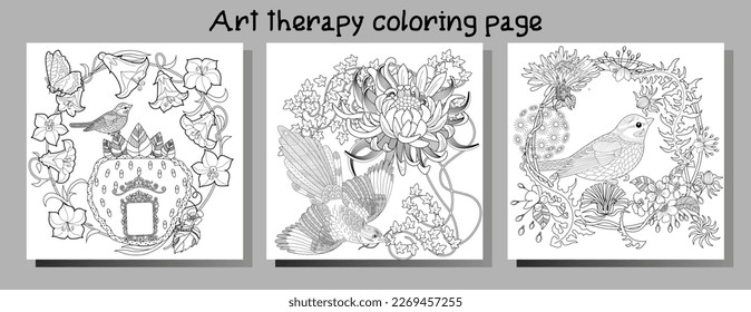 Art therapy coloring page. Coloring book antistress for children and adults. Birds and flowers hand drawn in vintage style . Ideal for those who want to feel more connected to nature.