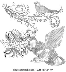 Art therapy coloring page. Coloring book antistress for children and adults. Birds and flowers hand drawn in vintage style . Ideal for those who want to feel more connected to nature.