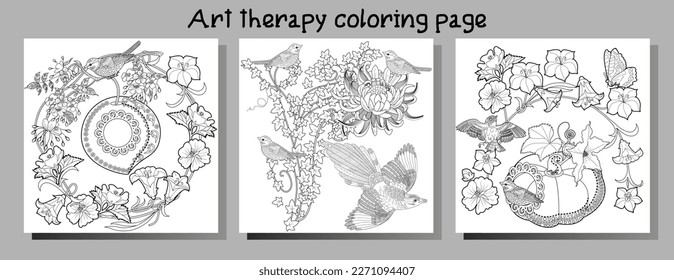 Art therapy coloring page. Coloring book antistress for children and adults. Birds and flowers hand drawn in vintage style . Ideal for those who want to feel more connected to nature.
