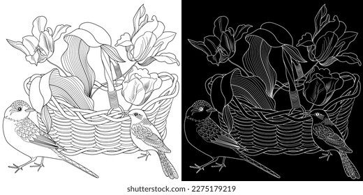 Art therapy coloring page. Coloring book antistress for children and adults. Birds and flowers hand drawn in vintage style . Ideal for those who want to feel more connected to nature.