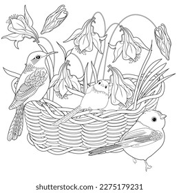 Art therapy coloring page. Coloring book antistress for children and adults. Birds and flowers hand drawn in vintage style . Ideal for those who want to feel more connected to nature.