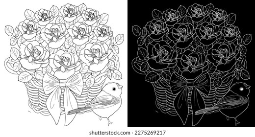 Art therapy coloring page. Coloring book antistress for children and adults. Birds and flowers hand drawn in vintage style . Ideal for those who want to feel more connected to nature.