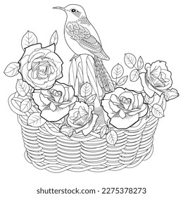 Art therapy coloring page. Coloring book antistress for children and adults. Birds and flowers hand drawn in vintage style . Ideal for those who want to feel more connected to nature.