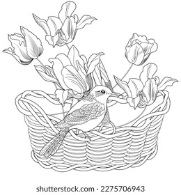 Art therapy coloring page. Coloring book antistress for children and adults. Birds and flowers hand drawn in vintage style . Ideal for those who want to feel more connected to nature.