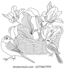 Art therapy coloring page. Coloring book antistress for children and adults. Birds and flowers hand drawn in vintage style . Ideal for those who want to feel more connected to nature.