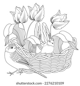 Art therapy coloring page. Coloring book antistress for children and adults. Birds and flowers hand drawn in vintage style . Ideal for those who want to feel more connected to nature.