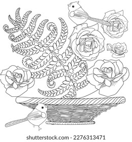 Art therapy coloring page. Coloring book antistress for children and adults. Birds and flowers hand drawn in vintage style . Ideal for those who want to feel more connected to nature.