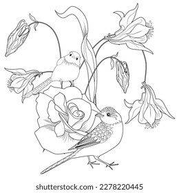 Art therapy coloring page. Coloring book antistress for children and adults. Birds and flowers hand drawn in vintage style . Ideal for those who want to feel more connected to nature.