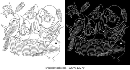 Art therapy coloring page. Coloring book antistress for children and adults. Birds and flowers hand drawn in vintage style . Ideal for those who want to feel more connected to nature.