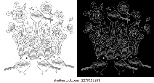 Art therapy coloring page. Coloring book antistress for children and adults. Birds and flowers hand drawn in vintage style . Ideal for those who want to feel more connected to nature.