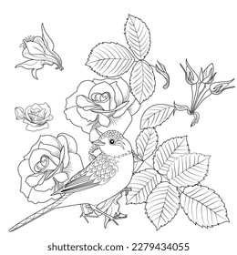 Art therapy coloring page. Coloring book antistress for children and adults. Birds and flowers hand drawn in vintage style . Ideal for those who want to feel more connected to nature.