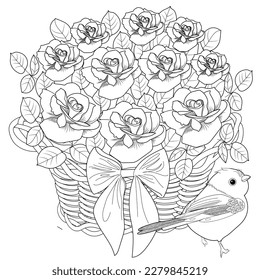 Art therapy coloring page. Coloring book antistress for children and adults. Birds and flowers hand drawn in vintage style . Ideal for those who want to feel more connected to nature.
