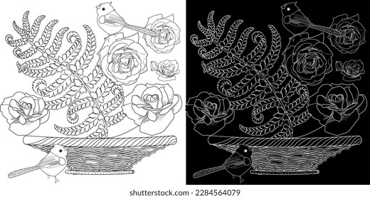 Art therapy coloring page. Coloring book antistress for children and adults. Birds and flowers hand drawn in vintage style . Ideal for those who want to feel more connected to nature.