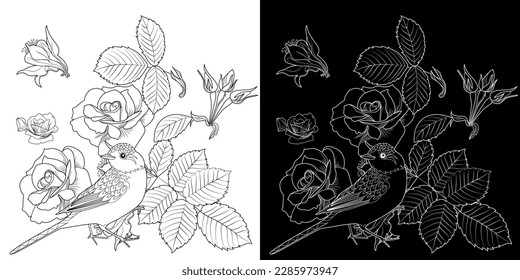 Art therapy coloring page. Coloring book antistress for children and adults. Birds and flowers hand drawn in vintage style . Ideal for those who want to feel more connected to nature.

