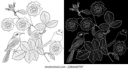 Art therapy coloring page. Coloring book antistress for children and adults. Birds and flowers hand drawn in vintage style . Ideal for those who want to feel more connected to nature.
