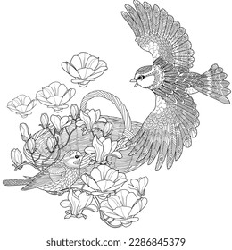 Art therapy coloring page. Coloring book antistress for children and adults. Birds and flowers hand drawn in vintage style . Ideal for those who want to feel more connected to nature.