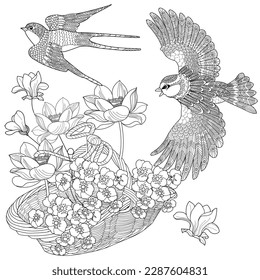 Art therapy coloring page. Coloring book antistress for children and adults. Birds and flowers hand drawn in vintage style . Ideal for those who want to feel more connected to nature.