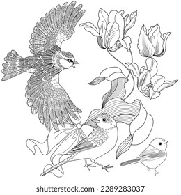 Art therapy coloring page. Coloring book antistress for children and adults. Birds and flowers hand drawn in vintage style . Ideal for those who want to feel more connected to nature.