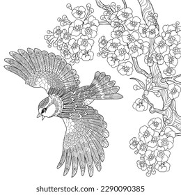 Art therapy coloring page. Coloring book antistress for children and adults. Birds and flowers hand drawn in vintage style . Ideal for those who want to feel more connected to nature.