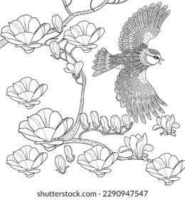 Art therapy coloring page. Coloring book antistress for children and adults. Birds and flowers hand drawn in vintage style . Ideal for those who want to feel more connected to nature.